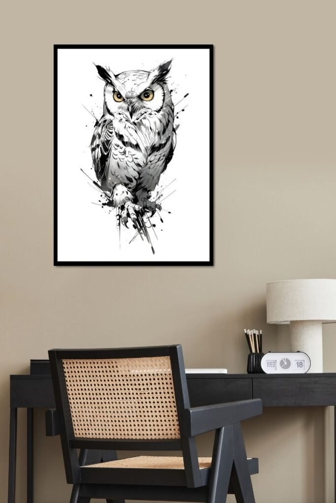 framed wall art Owl line art Illustration